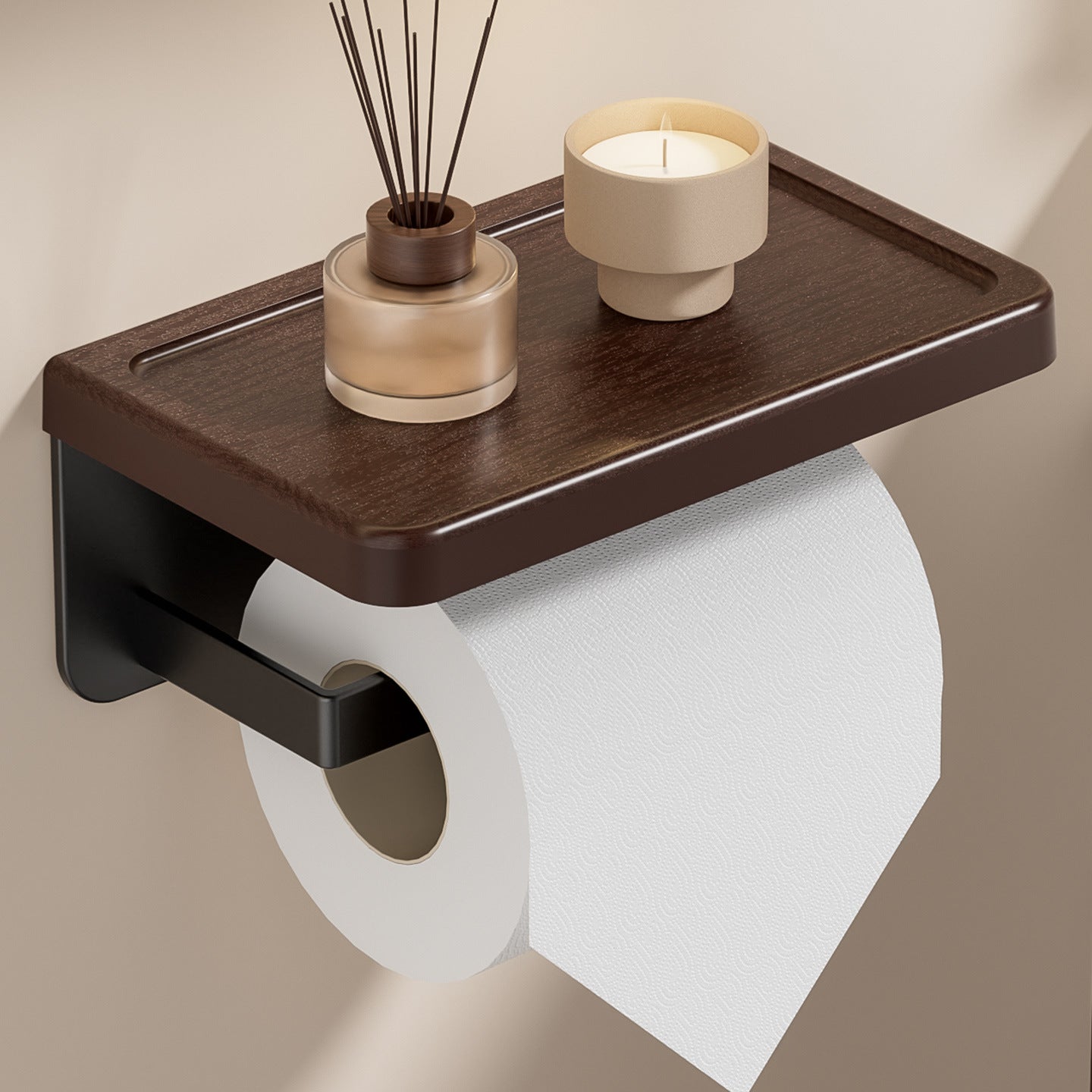 Walnut Wood Grain Bathroom Paper Towel Holder Wall Mount Storage Rack