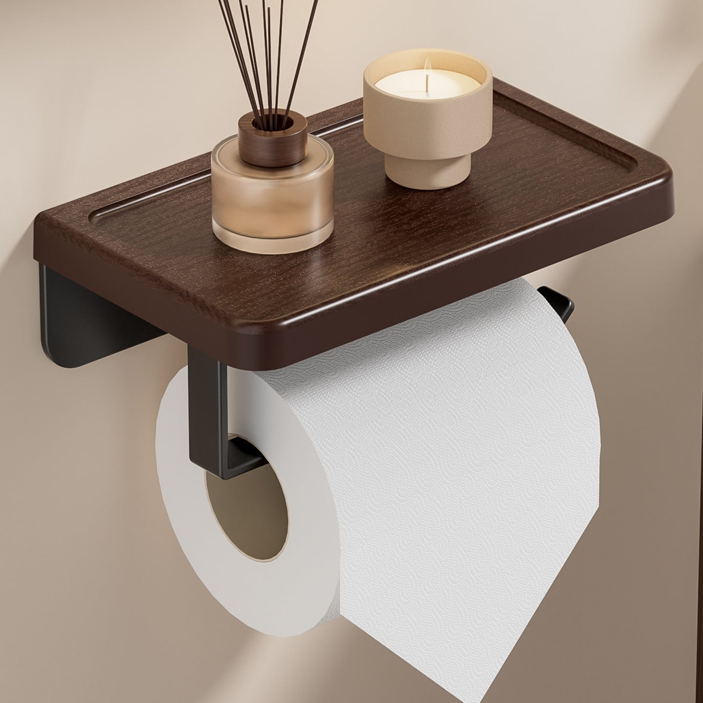 Walnut Wood Grain Bathroom Paper Towel Holder Wall Mount Storage Rack